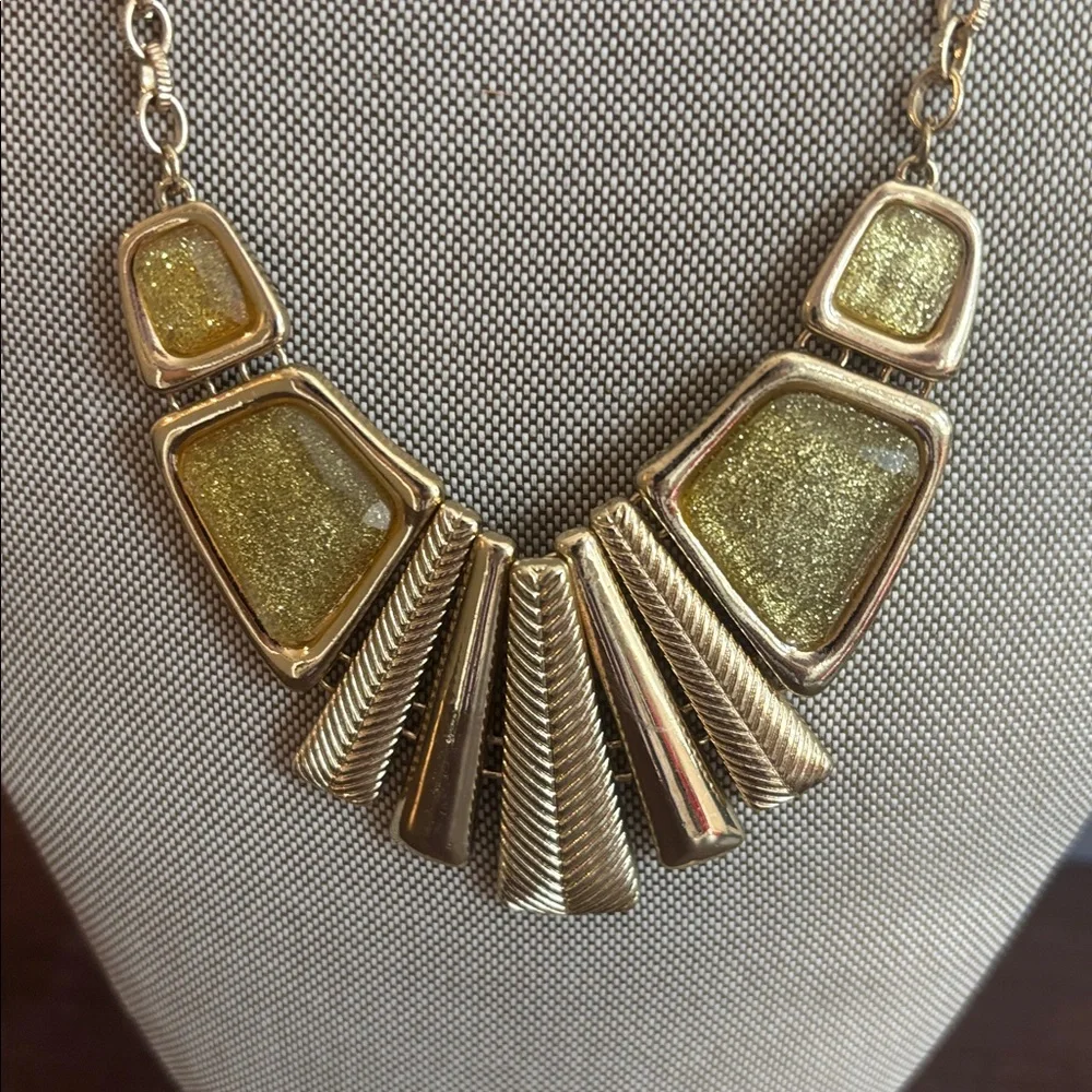 Gold tone geometric fan plate bib statement necklace Cleopatra inspired